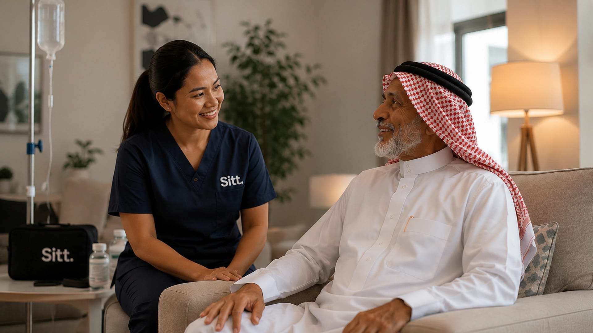 A SITT nurse in navy scrubs sitting and talking with an older Saudi man on the sofa in his living room, her care bag and an IV stand beside them