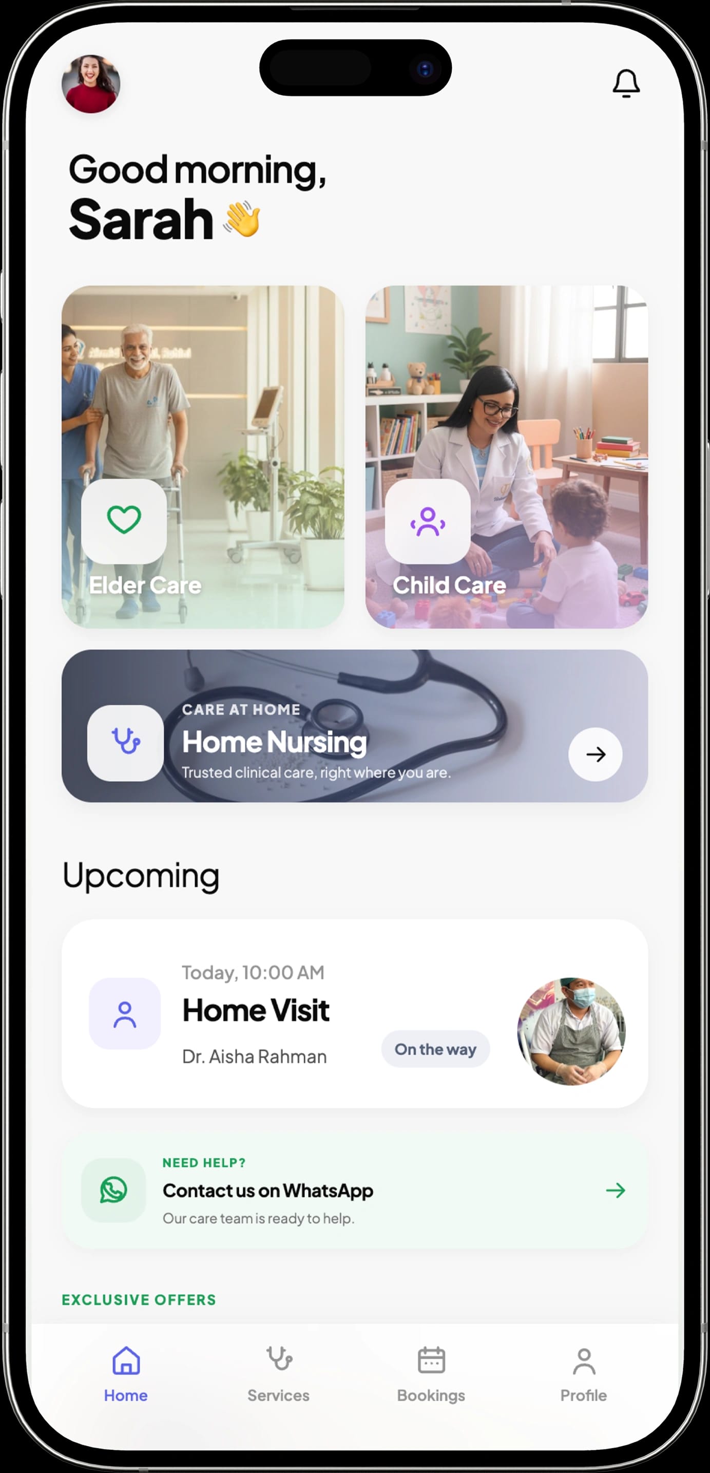 The SITT app home screen, showing service shortcuts and an upcoming home visit