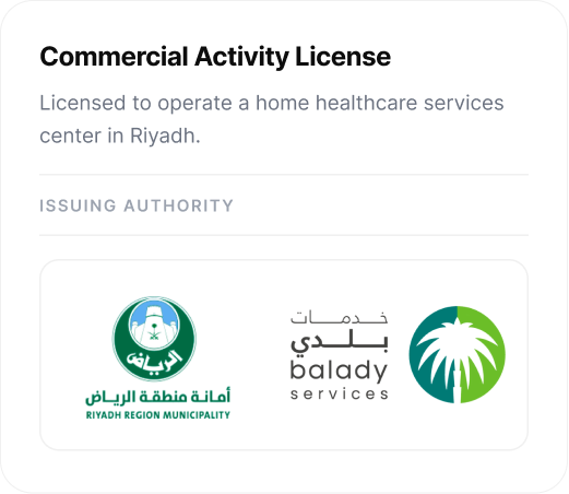 Commercial Activity License. Licensed to operate a home healthcare services center in Riyadh. Issued by Riyadh Region Municipality, Balady Services.