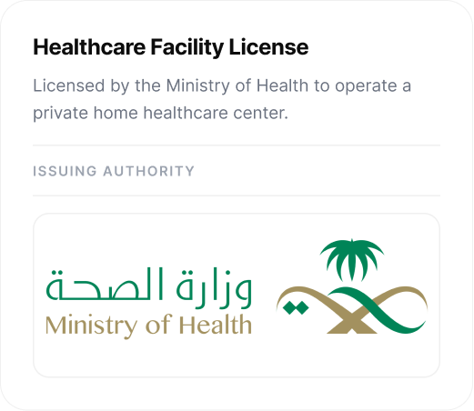 Healthcare Facility License. Licensed by the Ministry of Health to operate a private home healthcare center. Issued by Ministry of Health.