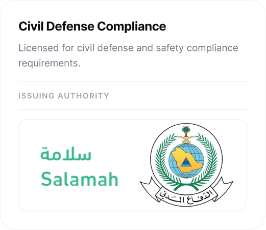 Civil Defense Compliance. Licensed for civil defense and safety compliance requirements. Issued by Salamah, General Directorate of Civil Defense.